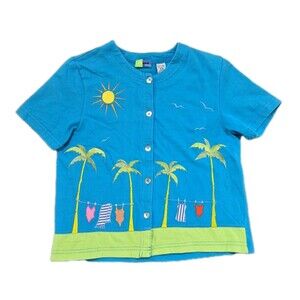 Vintage Onque Petite Shirt Women Size Ps Blue Beaded Tropical Sleeve Top